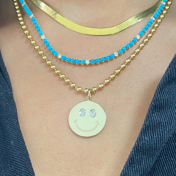 Diamond Smiley Face 14K Solid Gold Charm Pendant (real Solid