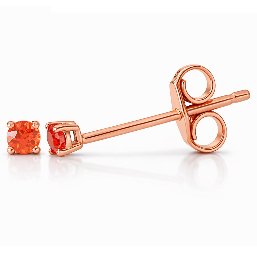 Multiple Backings Orange Sapphire Studs: 14K Solid Gold 2mm Size Solitaire Earrings; Push ...