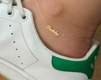 Personalized Name 14K Solid Gold Ankle Bracelet: Script Font Nameplate Anklet Made of Real 14K Solid Gold; Yellow, White or Rose Gold