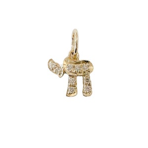 Diamond Chai 14K Solid Gold Charm Pendant (Real Solid Gold Religious Jewish Symbol Pendants Bat Mitzvah Gift L'chaim Tiny Hebrew Necklace)