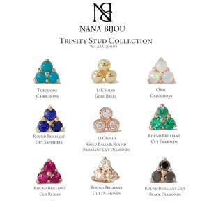 May include: A collection of nine Trinity stud earrings from Nana Bijou, featuring triangular arrangements of turquoise, opal, sapphire, emerald, ruby, diamond, and black diamond gemstones, alongside solid 14K gold ball designs.