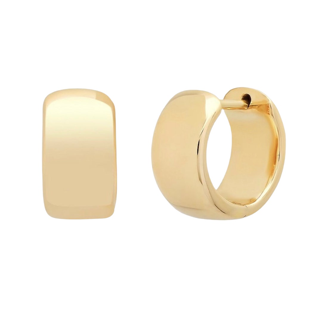 Thick Flat 14K Solid Gold Huggie Hinged Hoop Earring, 8mm Wide cuff for