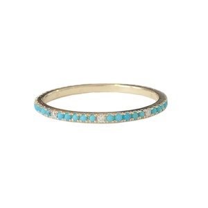 Turquoise & Diamond Full Micro Pavé 14K Solid Gold Eternity Band Ring (Real Turquoise Diamonds Stackable Dainty Stacking Band Stack Ring)
