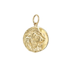 14K Solid Gold Lion Charm Medallion Dangle Pendant, Small Size (Real Solid Astrological Symbol Roaring Lions Zodiac Leo Charm Lion of Judah)