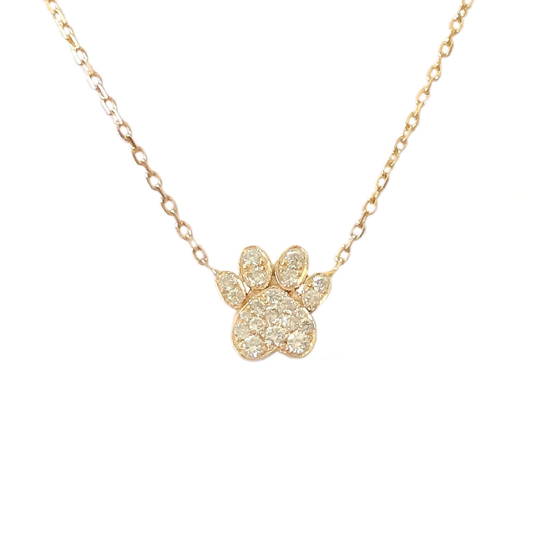 Diamond Paw Print 14K Solid Gold Necklace, Small Size pavé Real Diamond ...