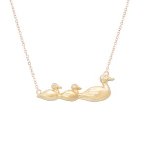 14K Gold Diamond Ducks in a Row Necklace: Maternal Bird Pendant