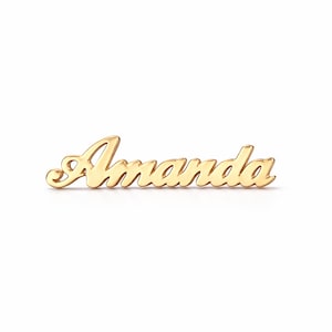 May include: A gold-colored pendant in a cursive font that spells out the name "Amanda". The pendant is set against a white background. The letters are connected and have a slight shadow.
