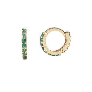 Emerald 14K Solid Gold Huggie Hoop Earring, 8mm Outer x 6mm Inner Diameter ~ XS Size (Pavé Hinged Cartilage Clicker Cuff Helix Piercings)