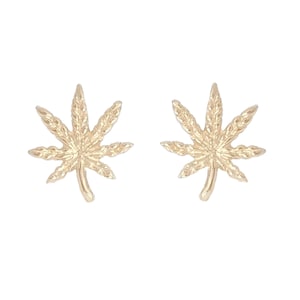 Aretes de oro macizo de 14 quilates con forma de hoja de marihuana: oro auténtico, cierre de presión, rosca o plano; individuales o en par.