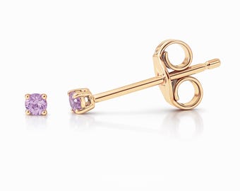 Pendiente de oro macizo de 14 quilates con zafiro morado de 1 mm: solitario de zafiro natural auténtico; cierres a presión, de rosca o planos; individual o en par.