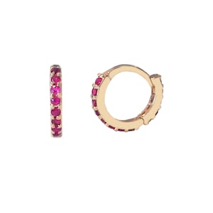 Ruby 14K Solid Gold Huggie Hoop Earring, 8mm Outer x 6mm Inner Diameter ~ XS Size (Real Ruby Pavé Hinged Cartilage Cuff Helix Piercings)
