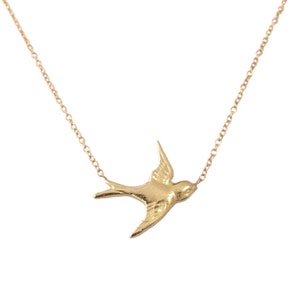Sparrow Bird 14K Solid Gold Charm Pendant Necklace (Dainty Boho Swallow Flight ~ Memorial Gifts) {Pendant Also Available without Chain}