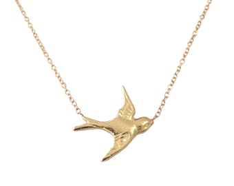 Sparrow Bird 14K Solid Gold Charm Pendant Necklace (Dainty Boho Swallow Flight ~ Memorial Gifts) {Pendant Also Available without Chain}
