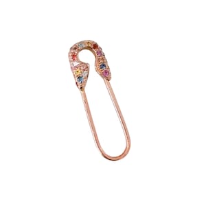 Rainbow Pavé Safety Pin Earring 14K Solid Gold  ~ All Sizes (Real Natural Sapphires~ for Earlobe, Helix, Cartilage, 2nd Hole Ear Piercings)