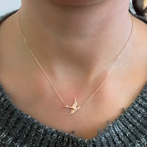 14K Solid Gold Sparrow Bird Necklace (Dainty Boho Swallow Birds in Flight Charm Pendant ~ Unique Memorial Gift Ideas) Ready to Ship!