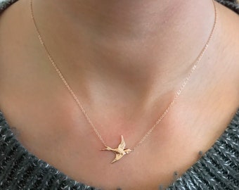 14K Solid Gold Sparrow Bird Necklace (Dainty Boho Swallow Birds in Flight Charm Pendant ~ Unique Memorial Gift Ideas) Ready to Ship!