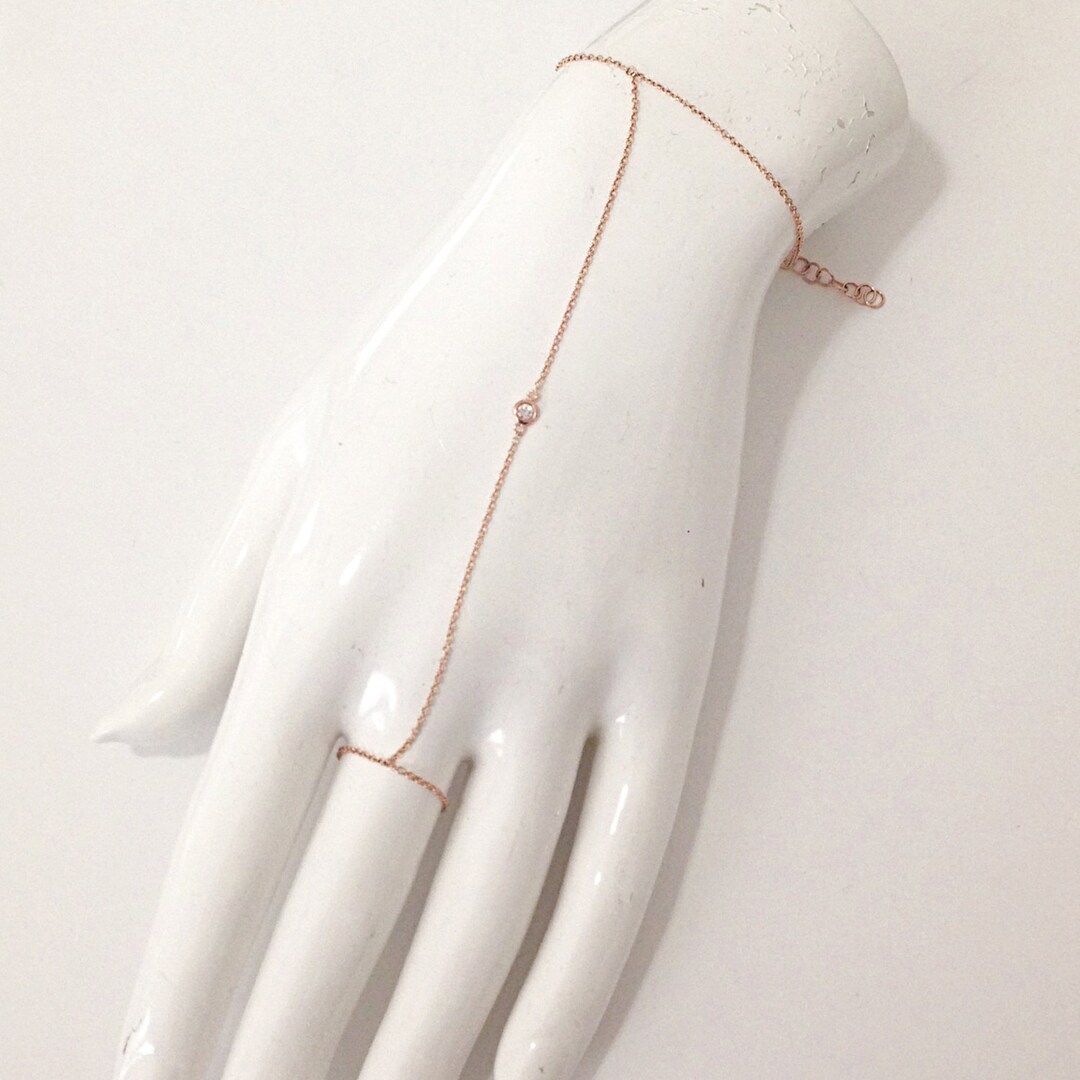Handlet Chain Diamond Finger Hand Lariat 14K Solid Gold Bracelet (slave, Hand Harness ...