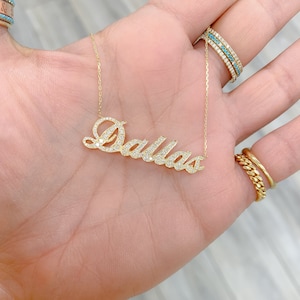 Diamond Nameplate 14K Solid Gold Necklace (Pavé Name or Word Custom Script Font Pendant Charm Personalized Names Words or Phrases Gifts)