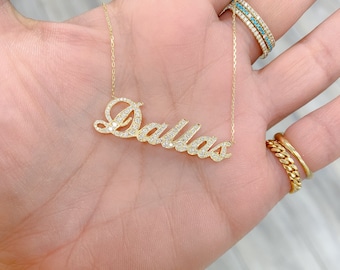 Diamond Nameplate 14K Solid Gold Necklace (Pavé Name or Word Custom Script Font Pendant Charm Personalized Names Words or Phrases Gifts)