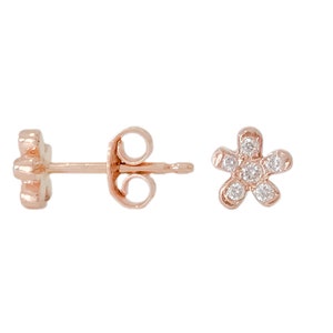 Diamond Flower Stud 14K Solid Gold Earrings (Dainty Pavé Daisy Primrose Flower as Single Studs or Pairs) {Responsibly Sourced Real Diamonds}