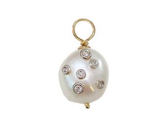 Baroque Pearl 14K Gold Diamond Pendant: Celestial Charm; Real Natural Diamonds in Yellow, White or Rose Gold