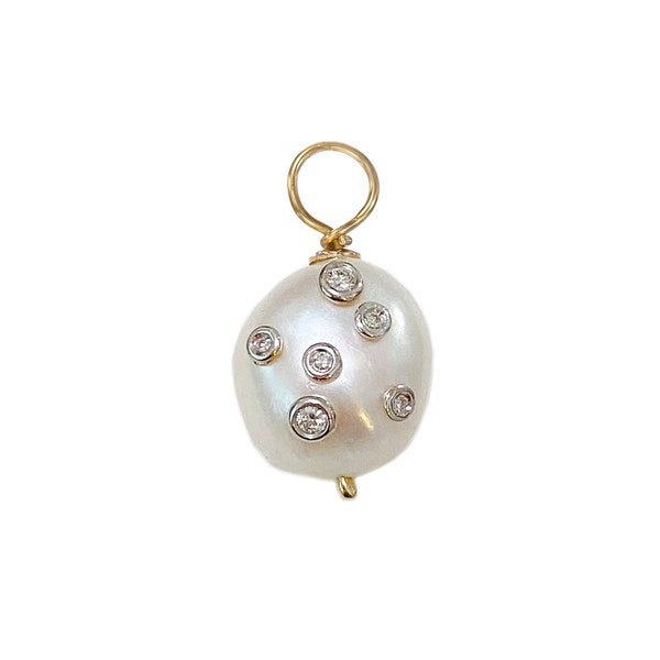 Baroque Pearl 14K Solid Gold Celestial Diamond Charm Pendant (Real Natural Cultured White Freshwater Pearl Charm Layering Solitaire Pendant)