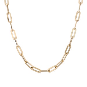 Thick Elongated Flat Oval Link 14K Solid Gold Chain Link Necklace, XL Size (Minimalist Layering Solid Gold Italian Paperclip Style Chain) 14K Yellow Gold