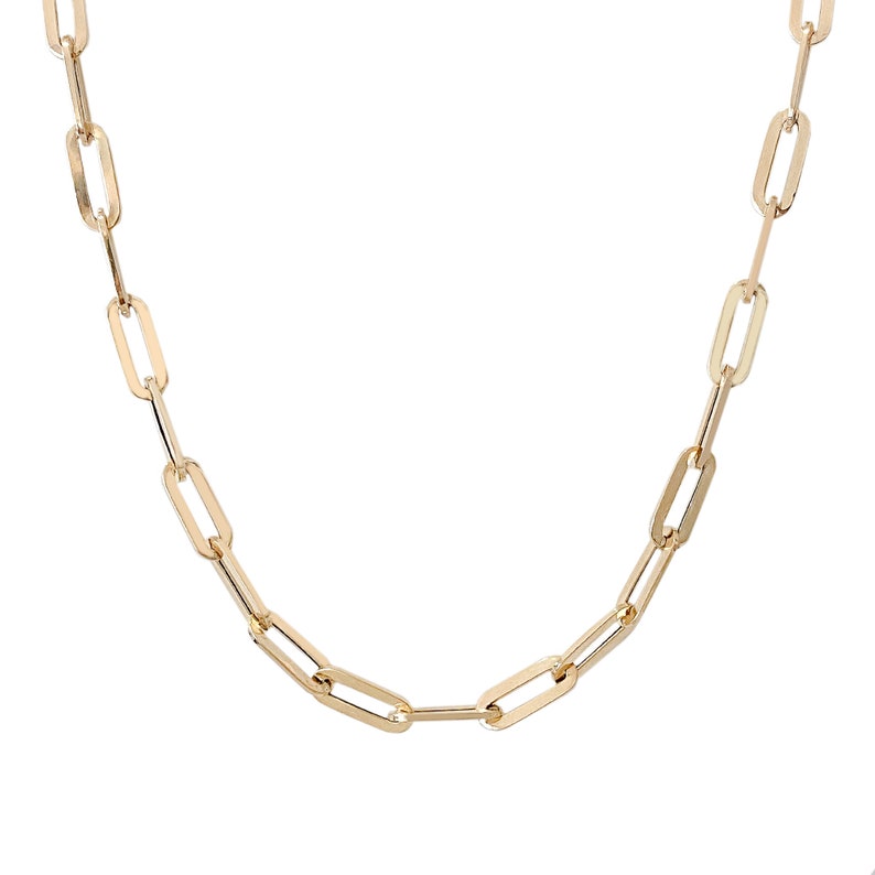 Thick Elongated Flat Oval Link 14K Solid Gold Chain Link Necklace, XL Size (Minimalist Layering Solid Gold Italian Paperclip Style Chain) 14K Yellow Gold