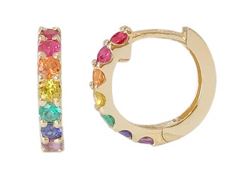 Rainbow Gemstone Pavé 14K Solid Gold Thick Huggie Hinged Hoop Earrings, 13.75mm Outer x 9.5mm Inner Diameter (Colorful Sapphire Gem Hoops)