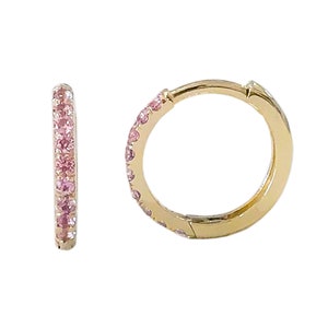 Roze saffier 14 kt massief gouden Huggie Hoop Earring, 12 mm buiten x 9,5 mm binnendiameter ~ groot formaat (scharnierende pavé oorlel conch helix piercings)