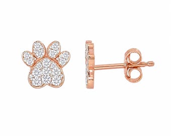Diamond Paw Print 14K Solid Gold Stud Earrings: Real Natural Diamond Pet Lover Jewelry; Push, Screw or Flat Back Backings; Single or Pair