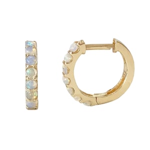 Opal 14K Solid Gold Huggie Hoop Earrings, 11.5mm Outer x 8.25mm Inner Diameter (Hinged Hoop Thick Colorful Pavé Real Opal Gemstone  Hoops)