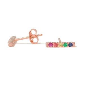 Rainbow 14K Solid Gold Stud Earrings, Small Size Bar {Rectangle Shaped Gemstone Pavé Real Colorful Sapphires} (Single or Pair of Earrings)