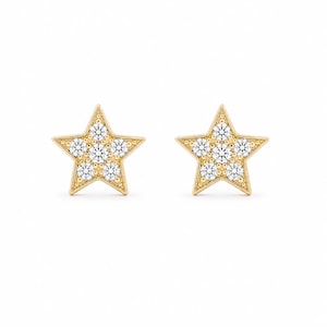 Diamond Star Stud 14K Solid Gold Earrings: XS Size - Natural Real Diamond Pavé Set Studs (Single or Pair, Push, Screw or Flat Back Backings)