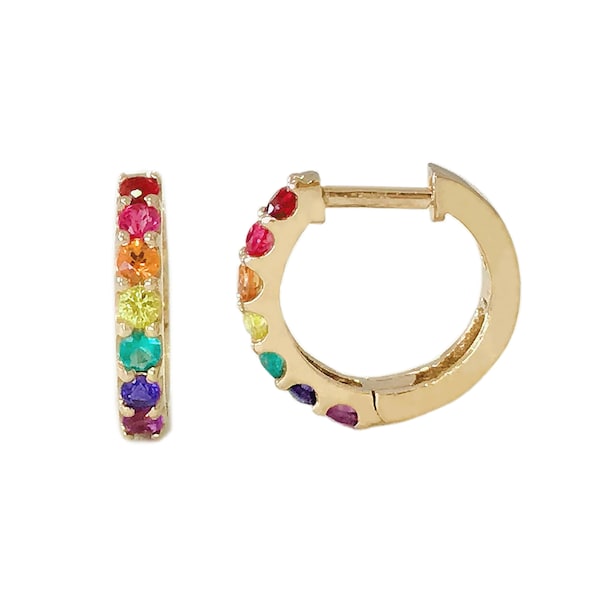 Rainbow 14K Solid Gold Huggie Hoop Earrings, 11.5mm Outer x 8.25mm Inner Diameter (Pavé Thick Hinged Colorful Real Sapphire Hoops)