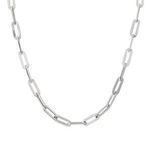 Thick Elongated Flat Oval Link 14K Solid Gold Chain Link Necklace, XL Size (Minimalist Layering Solid Gold Italian Paperclip Style Chain) 14K White Gold