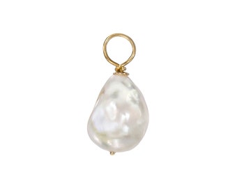 Baroque Pearl 14K Solid Gold Charm Pendant (Real Natural Cultured White Freshwater Pearl Charm Layering Solitaire Pendant)