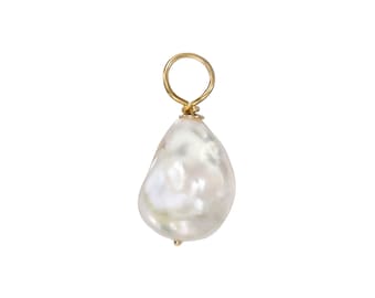 Baroque Pearl 14K Solid Gold Charm Pendant (Real Natural Cultured White Freshwater Pearl Charm Layering Solitaire Pendant)