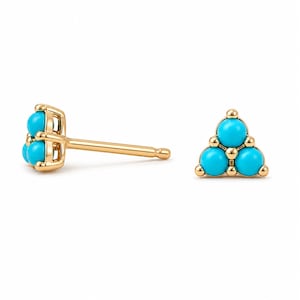 Turquoise Cluster Stud 14K Solid Gold Earrings: Natural Real Turquoise Trinity Style Studs for Multiple Piercings; Push, Screw or Flat Backs