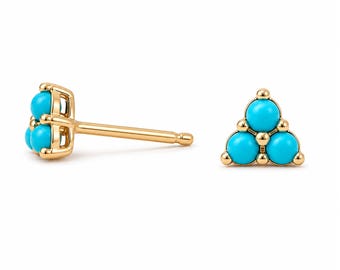 Turquoise Cluster Stud 14K Solid Gold Earrings: Natural Real Turquoise Trinity Style Studs for Multiple Piercings; Push, Screw or Flat Backs