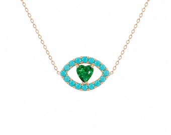 Pavé Turquoise Evil Eye 14K Solid Gold Necklace ~ Real Emerald Heart & Turquoise Charm Dainty Evil Eyes Protection Pendant Layering Necklace
