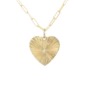 14K Solid Gold Fluted Heart Charm Necklace (Sunbeam Sunburst Style Fluted Detail Heart Pendant with Thin Paperclip Chain or Charm Alone)