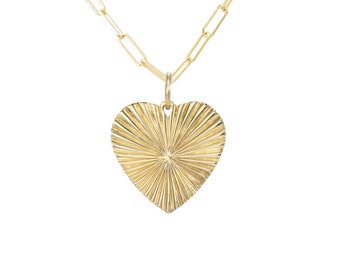 14K Solid Gold Fluted Heart Charm Necklace (Sunbeam Sunburst Style Fluted Detail Heart Pendant with Thin Paperclip Chain or Charm Alone)