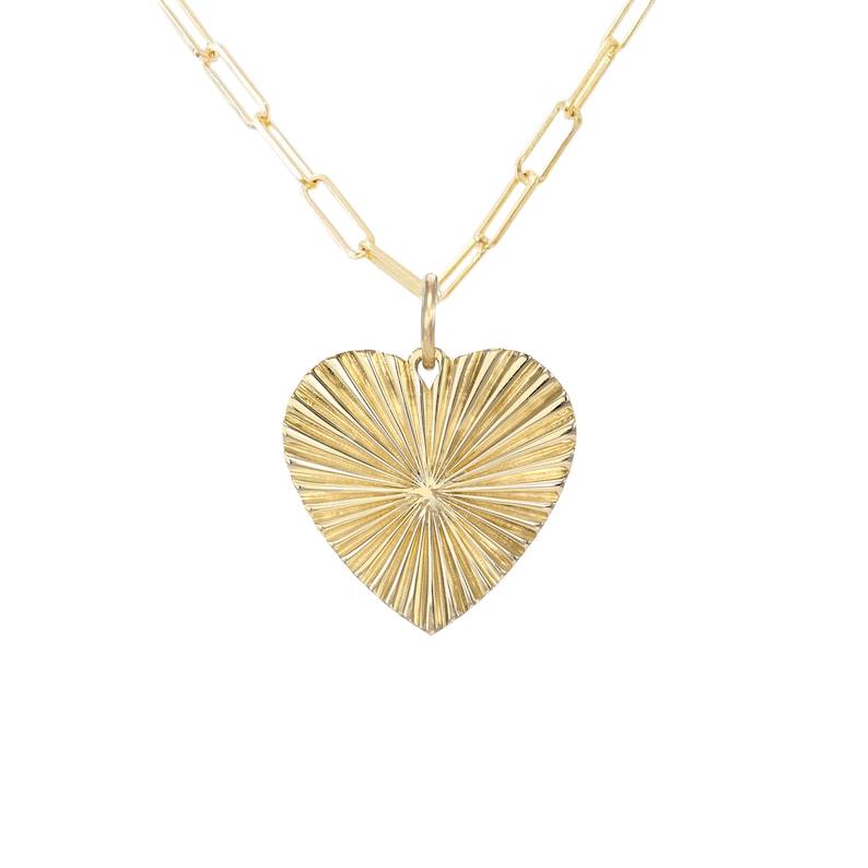 14K Solid Gold Fluted Heart Charm Necklace sunbeam Sunburst Etsy