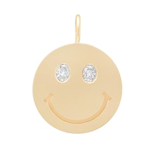 Diamond Smiley Face 14K Solid Gold Charm Pendant (Real Solid Gold Oval Diamond Eyes, Don&#39;t Worry Be Happy Medallion Layering Emoji Charms)
