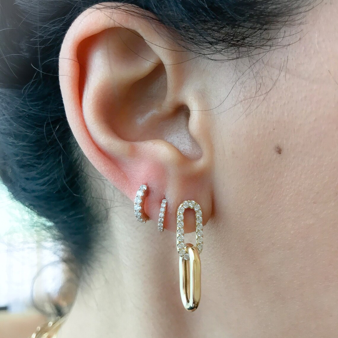 Diamond 14K Solid Gold Long Link Earrings Dangle Oval Link Etsy