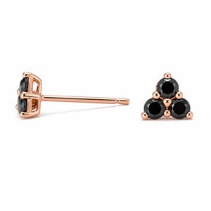 Black Diamond Cluster Stud 14K Solid Gold Earrings: Dainty Triple Trinity Mini Triangle Triple Dot Studs ~ Push, Screw or Flat Back Backings