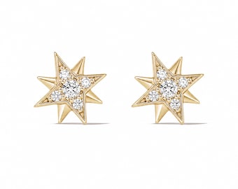 Diamond Starburst Stud 14K Solid Gold Earrings: Natural Real Diamonds Polaris Sunburst Studs; Push, Screw or Flat Back Style Backings