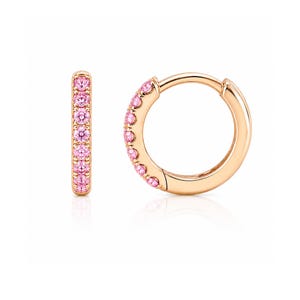 May include: A pair of rose gold hoop earrings featuring a row of small, round, pink gemstones set along the front-facing curve of each hoop. The earrings have a polished metallic finish and a hinged closure mechanism for secure wear.