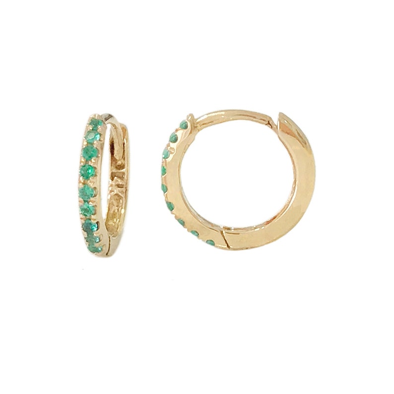 Helix Cartilage Cuff Piercings 9mm Outer x 6mm Inner Diameter ~ Small Size Pav\u00e9 Emerald 14K Solid Gold Huggie Hinged Hoop Earring 38